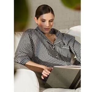 Marigot Maya Check Pajama Top Black White Sz Large 100% Cotton Gingham Preppy